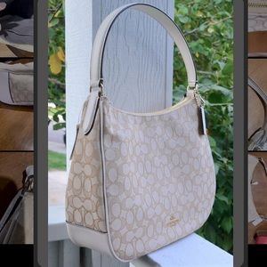 ⭐️HOLD Coach Khaki White Leather Trim Hobo Shoulder Tote Bag Purse Retail $298